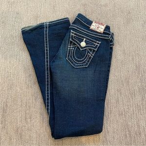 True Religion Low Rise Jeans with white stitching and button pockets